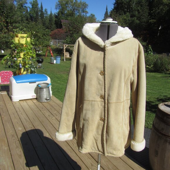 vTG WILSON SUEDE LEATHER TAN HOOD PARKA FULL FAUX FUR PILE LINED BUTTON FRONT XL - Picture 1 of 14